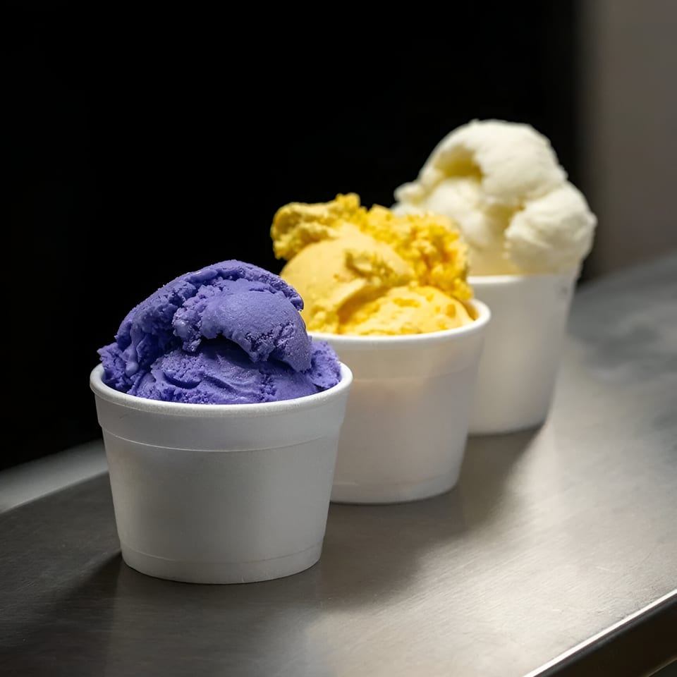 Three cups of Kujo Eats Filipino ice cream: purple ube, yellow mango, and white coconut.